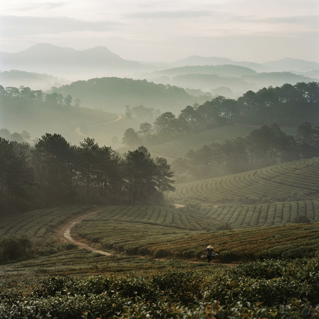 Misty pine forests and tea hills of the Da Lat highlands at dawn