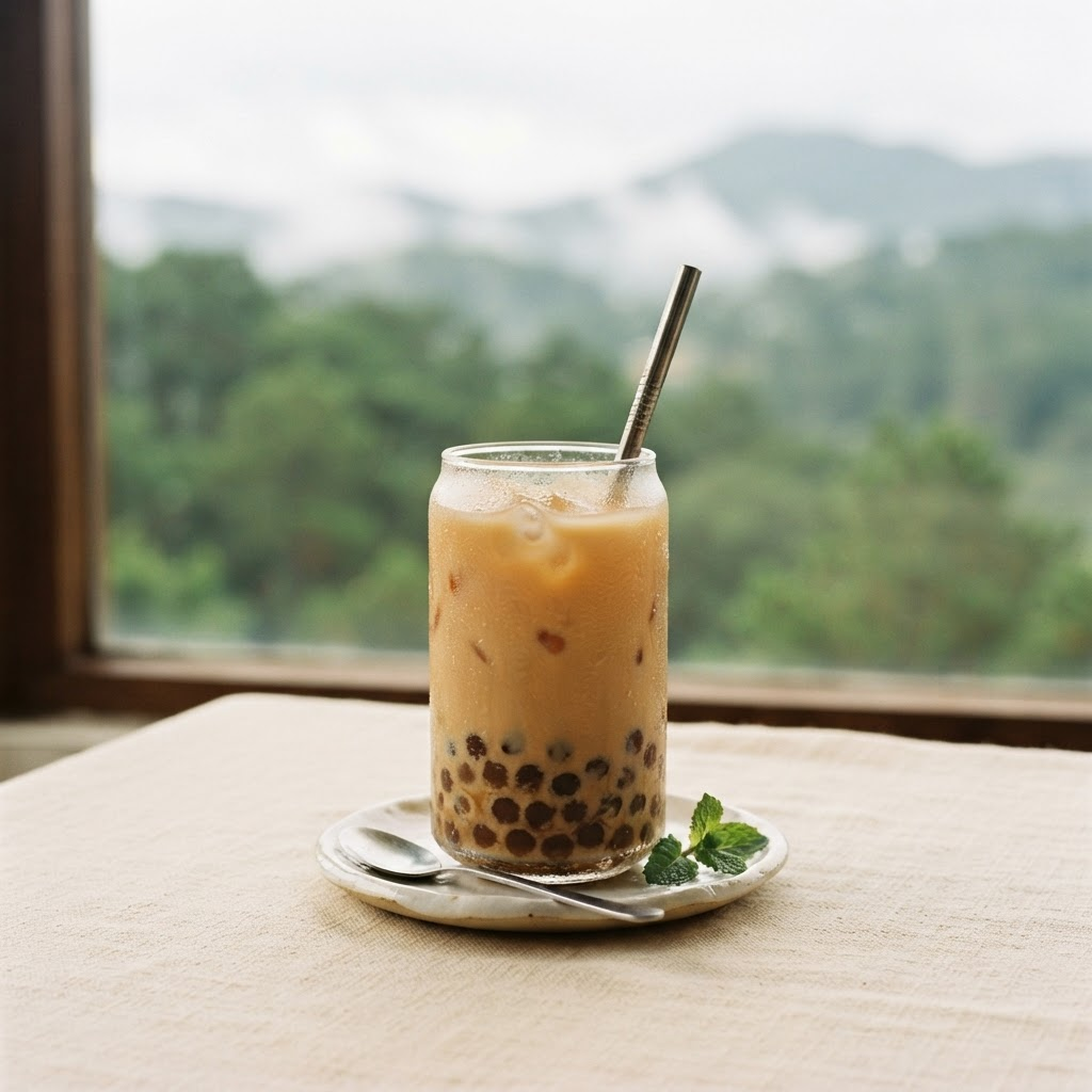 A tall glass of iced milk tea with pearls against a misty Da Lat highland backdrop